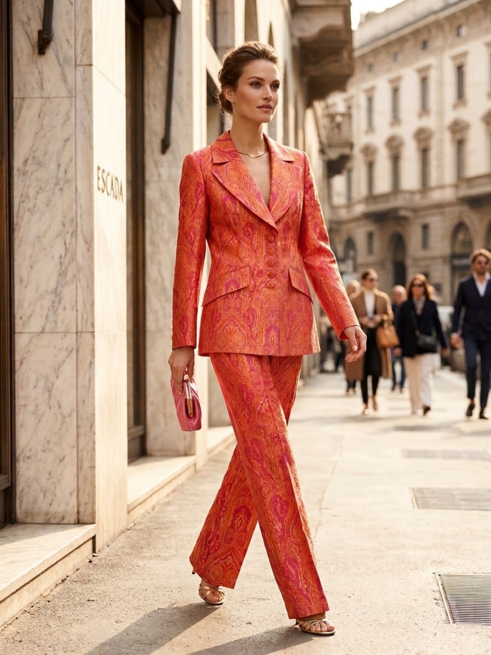 Escada Vintage Pink, Gold and Orange Paisley Suit, 100% Silk, Size 40 NWOT